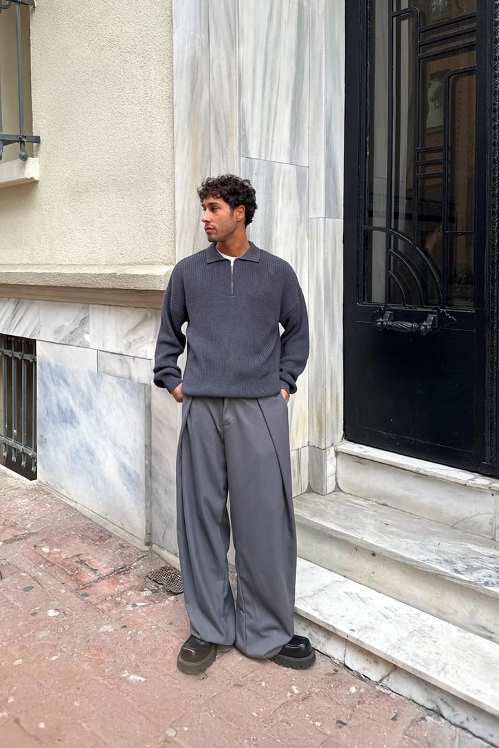 Half Zip Polo Yaka Triko Kazak