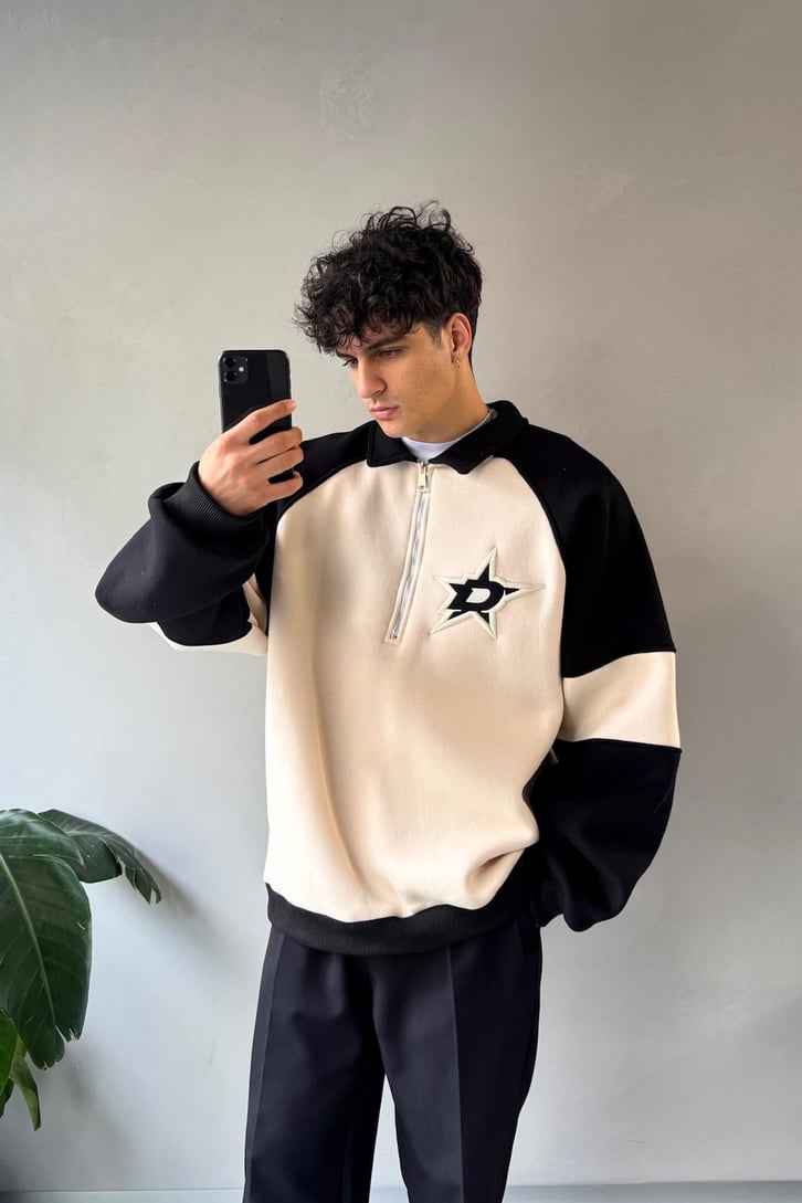 Half Zip Stars Nakışlı Oversize Sweatshirt