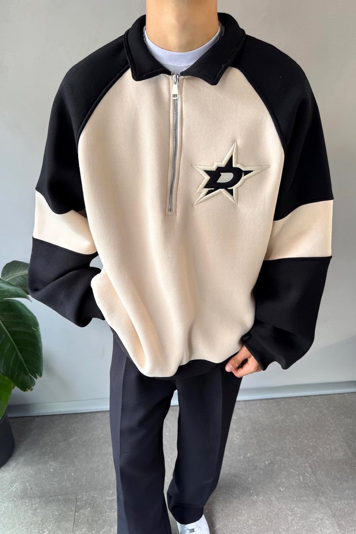 Half Zip Stars Nakışlı Oversize Sweatshirt
