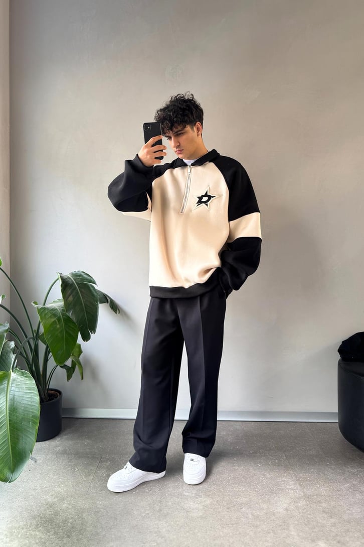 Half Zip Stars Nakışlı Oversize Sweatshirt