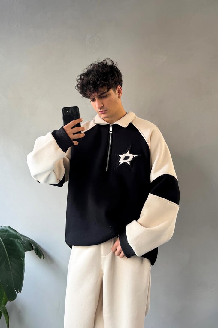 Half Zip Stars Nakışlı Oversize Sweatshirt