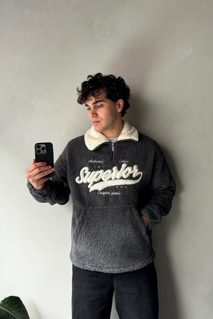 Half Zip Writing Nakışlı Peluş Sweatshirt