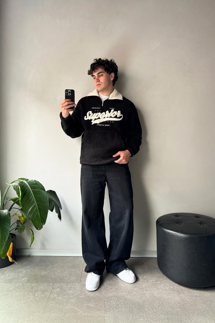 Half Zip Writing Nakışlı Peluş Sweatshirt
