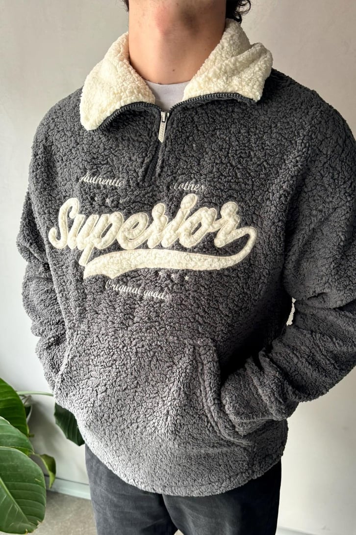 Half Zip Writing Nakışlı Peluş Sweatshirt