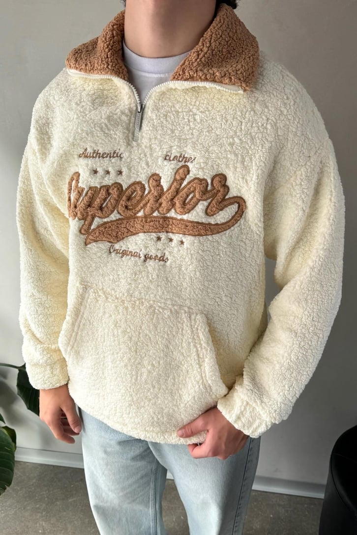 Half Zip Writing Nakışlı Peluş Sweatshirt