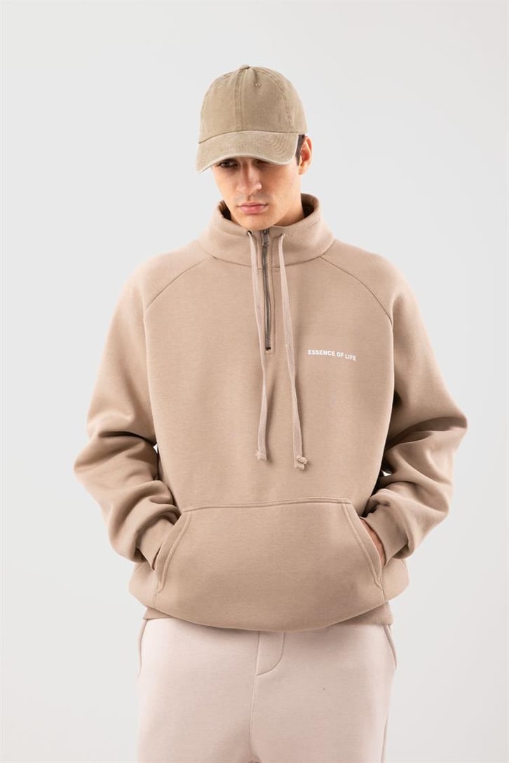 Half Zip Yaka Taş Tengi Oversize Sweatshirt