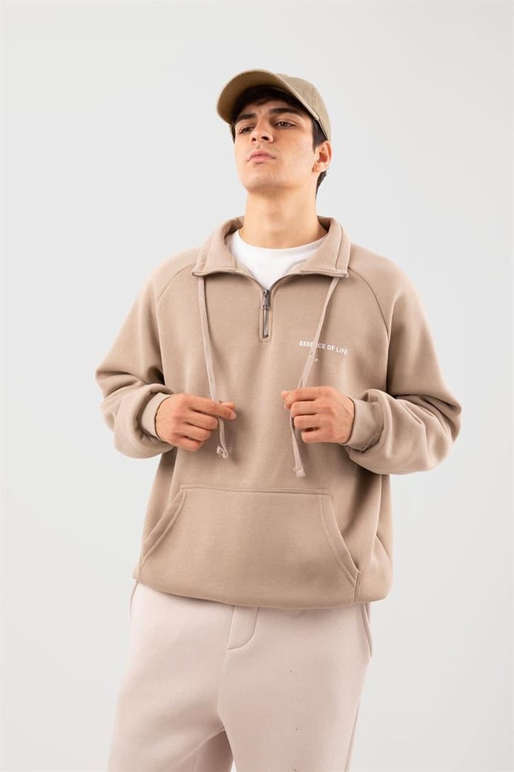 Half Zip Yaka Taş Tengi Oversize Sweatshirt