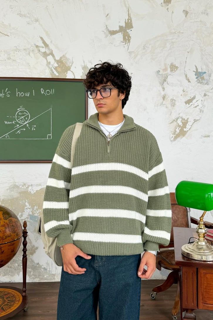 Half Zip Yarım Balıkçı Çizgili Kazak