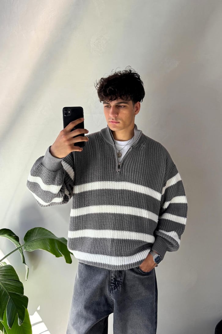 Half Zip Yarım Balıkçı Çizgili Kazak