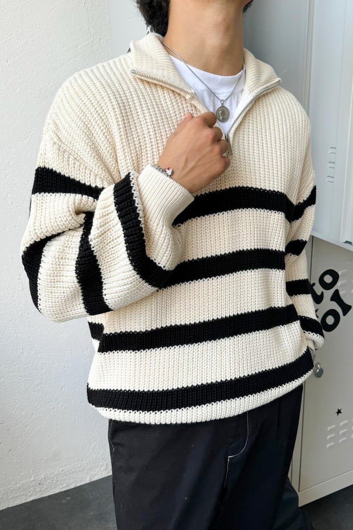 Half Zip Yarım Balıkçı Çizgili Kazak