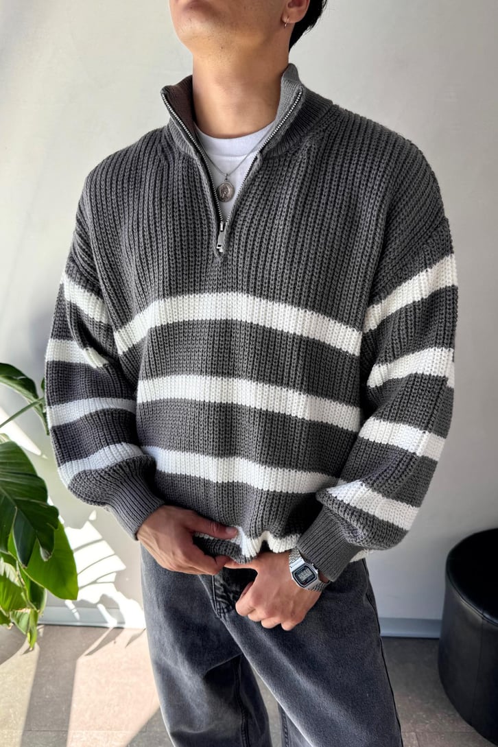 Half Zip Yarım Balıkçı Çizgili Kazak