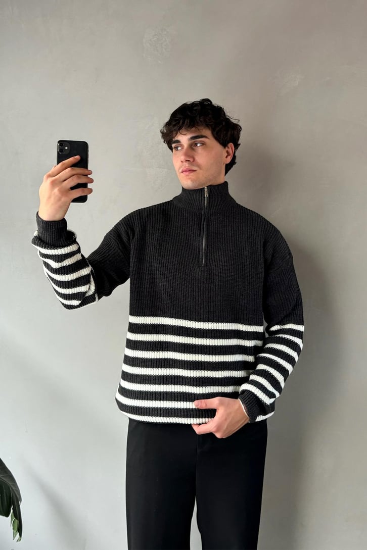 Half Zip Yarım Balıkçı Çizgili Kazak