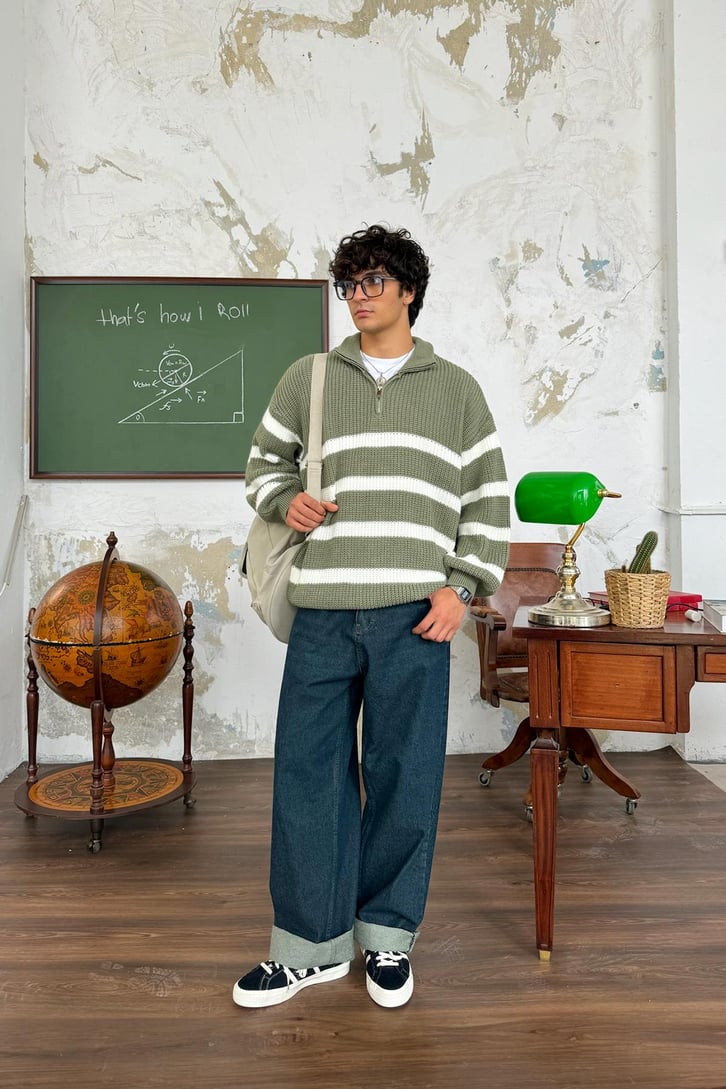 Half Zip Yarım Balıkçı Çizgili Kazak