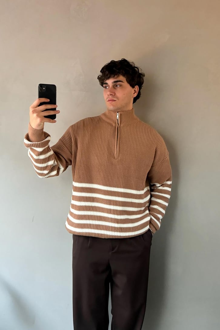 Half Zip Yarım Balıkçı Çizgili Kazak