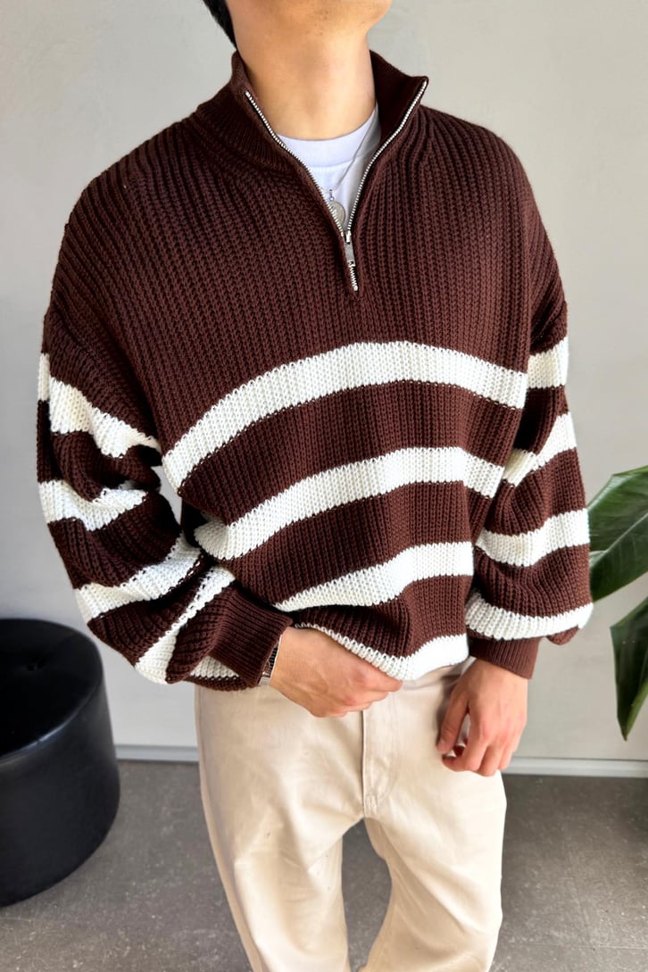 Half Zip Yarım Balıkçı Çizgili Kazak