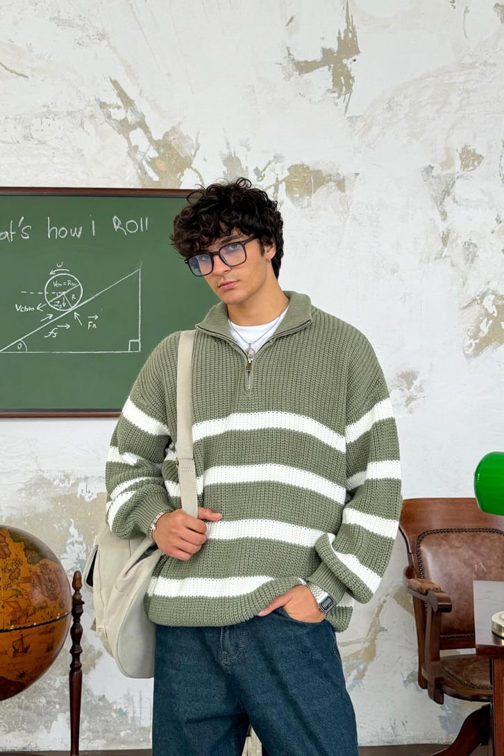 Half Zip Yarım Balıkçı Çizgili Kazak