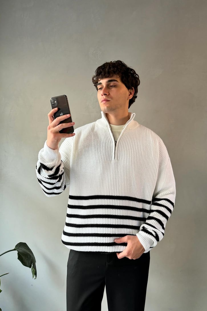 Half Zip Yarım Balıkçı Çizgili Kazak