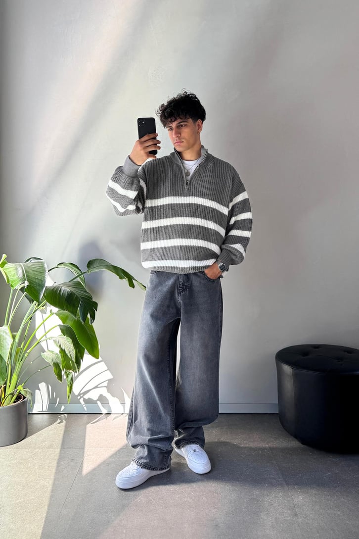 Half Zip Yarım Balıkçı Çizgili Kazak