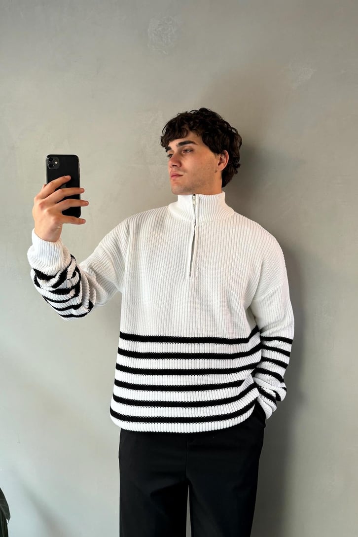 Half Zip Yarım Balıkçı Çizgili Kazak