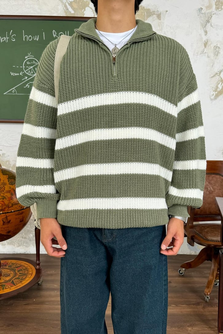 Half Zip Yarım Balıkçı Çizgili Kazak