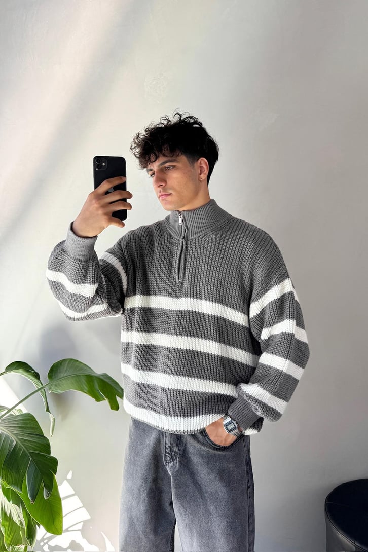 Half Zip Yarım Balıkçı Çizgili Kazak
