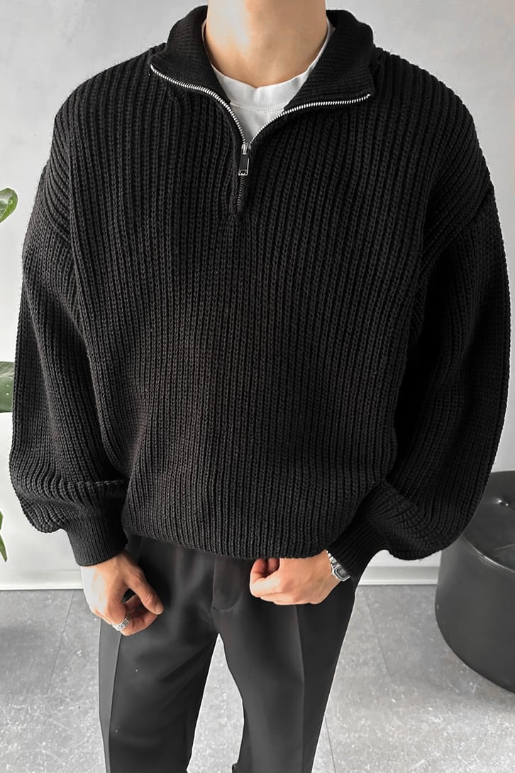 Half Zip Yarım Balıkçı Siyah Triko Kazak