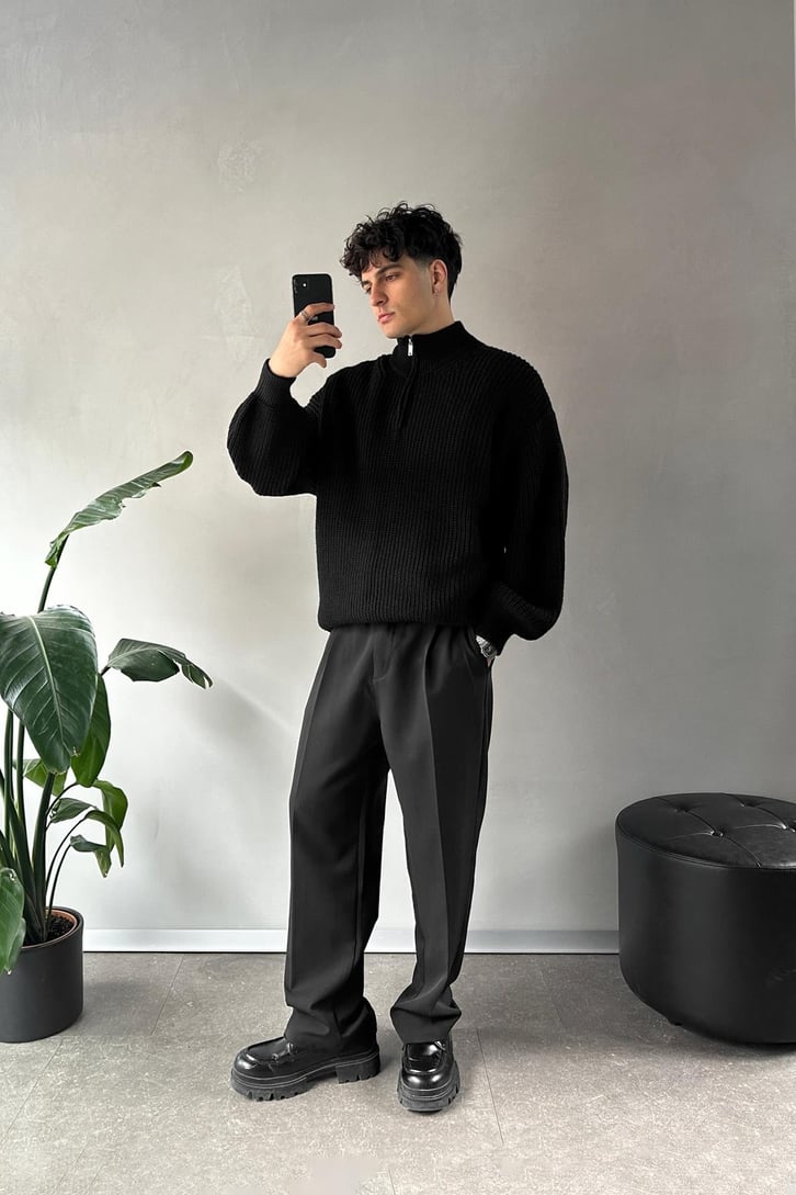 Half Zip Yarım Balıkçı Siyah Triko Kazak