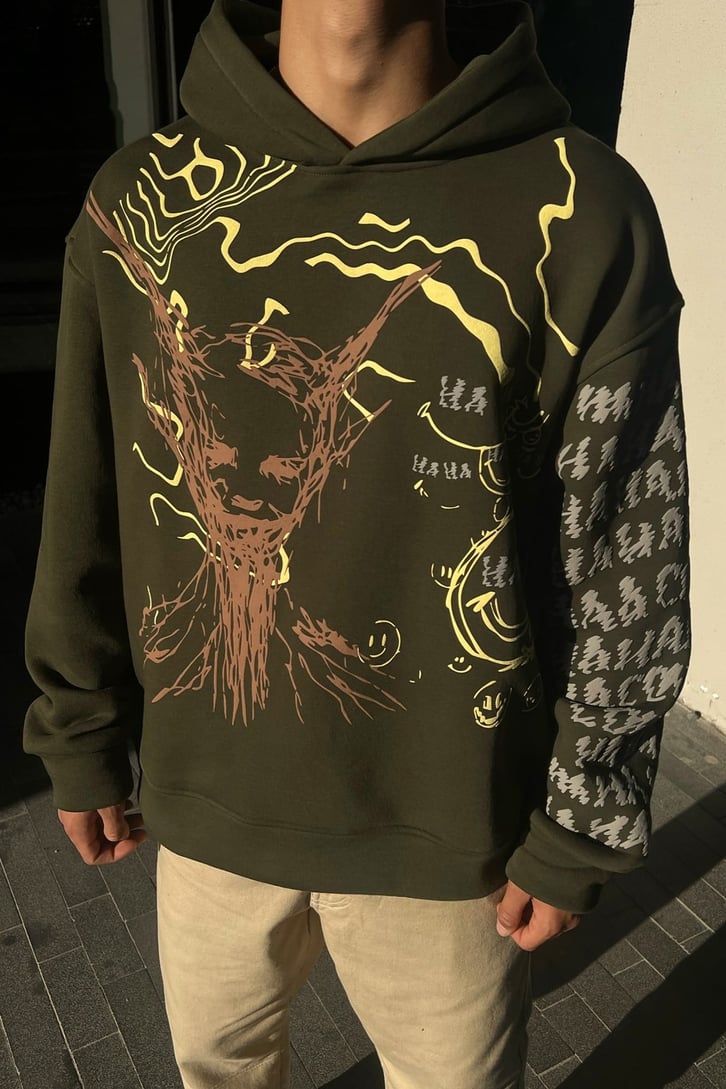Happy Picture Baskılı Haki Oversize Sweatshirt