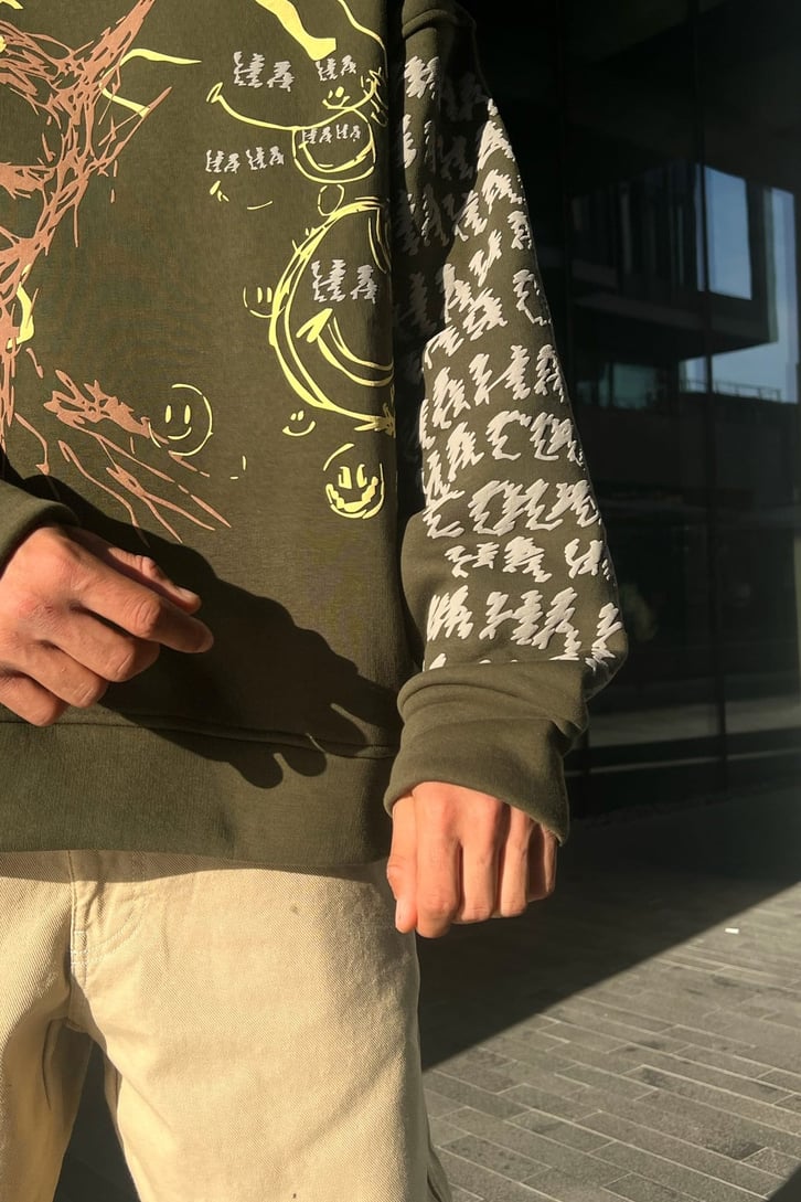 Happy Picture Baskılı Haki Oversize Sweatshirt
