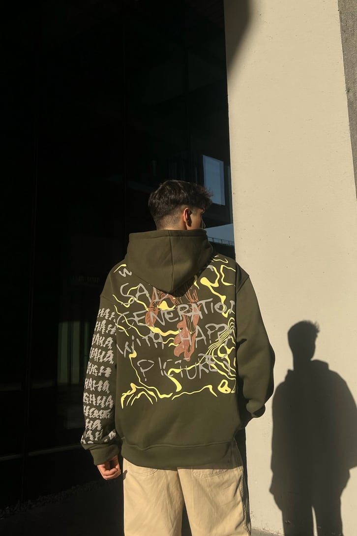 Happy Picture Baskılı Haki Oversize Sweatshirt
