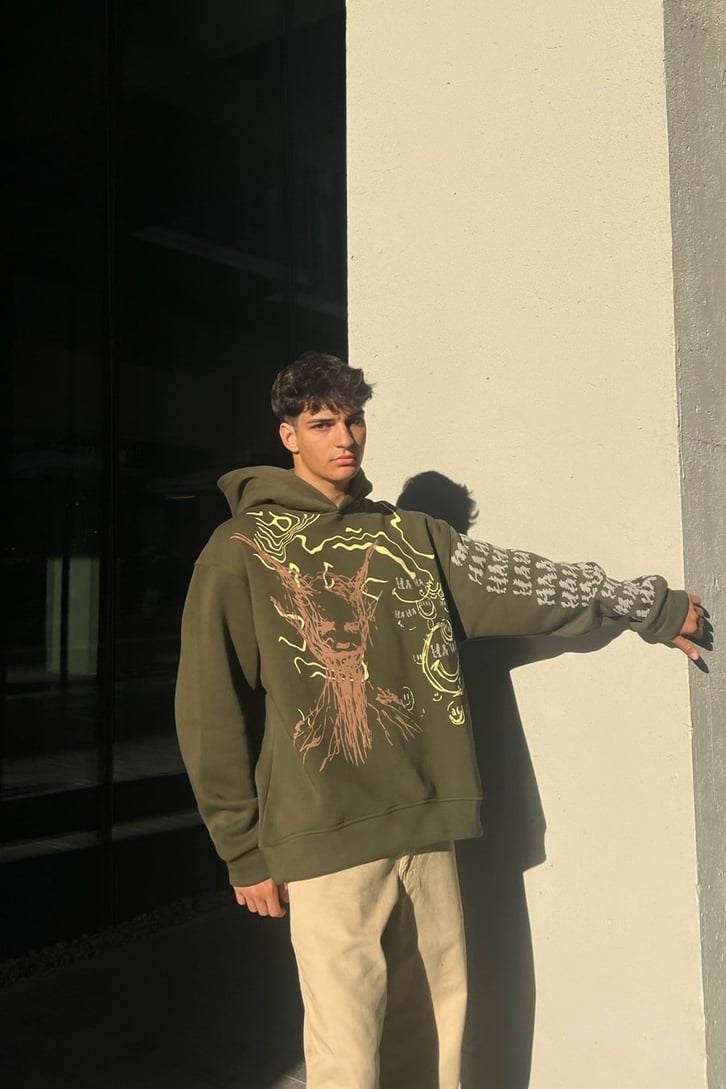 Happy Picture Baskılı Haki Oversize Sweatshirt