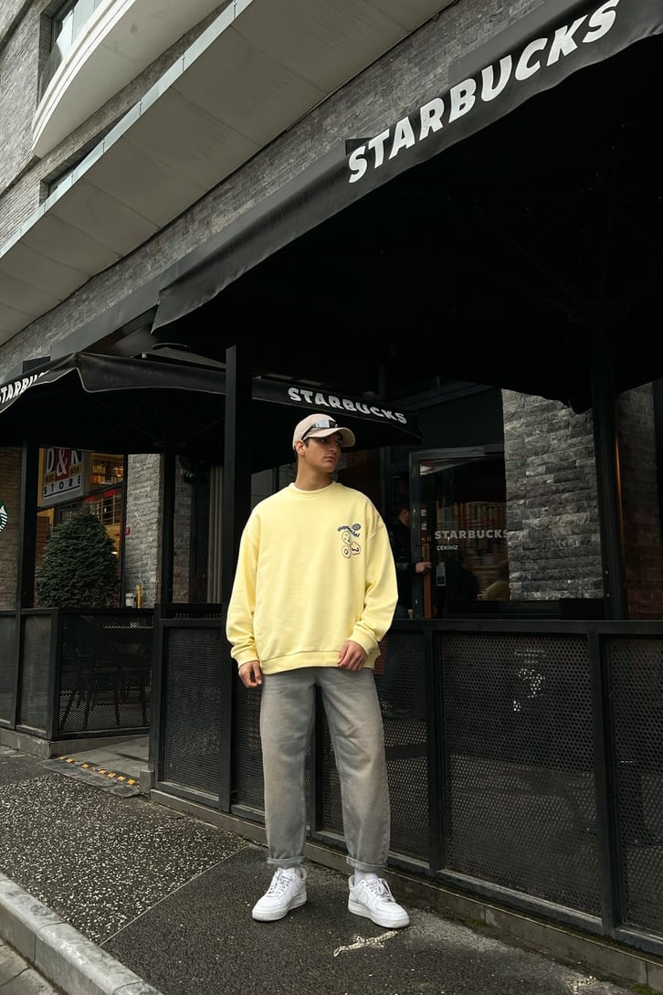 Happy Place Baskılı Sarı Oversize Sweatshirt