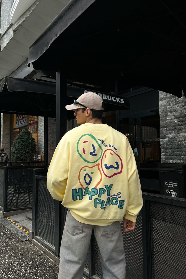 Happy Place Baskılı Sarı Oversize Sweatshirt