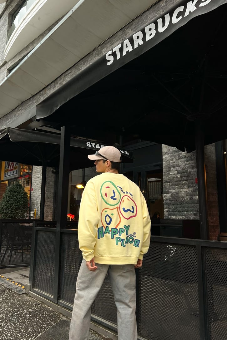 Happy Place Baskılı Sarı Oversize Sweatshirt