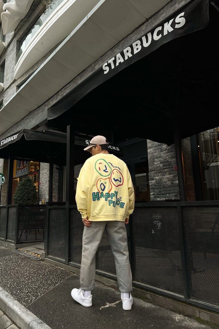 Happy Place Baskılı Sarı Oversize Sweatshirt