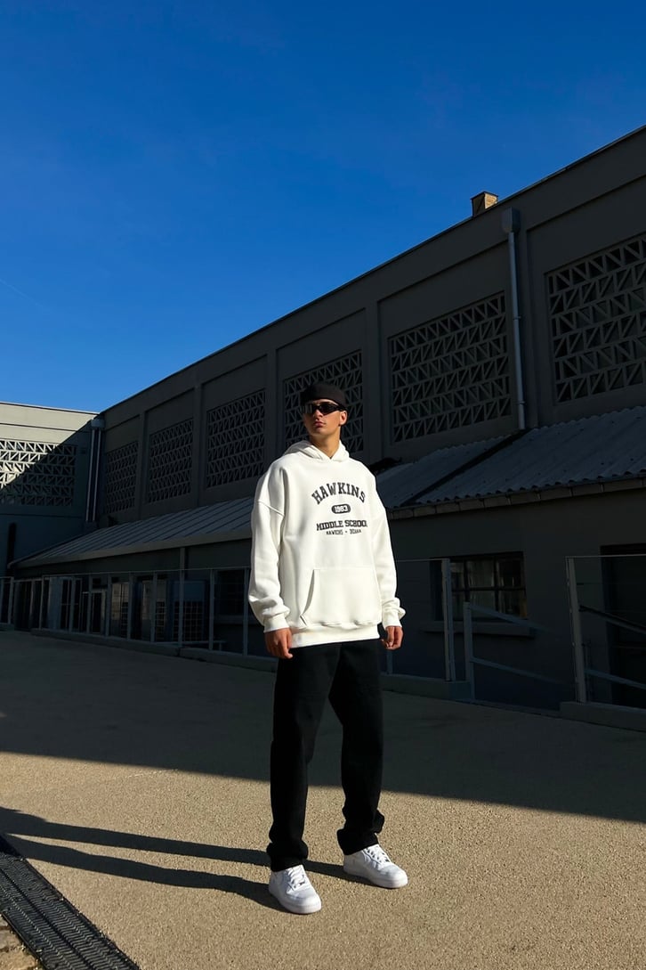 Hawkins Baskılı Beyaz Oversize Hoodie