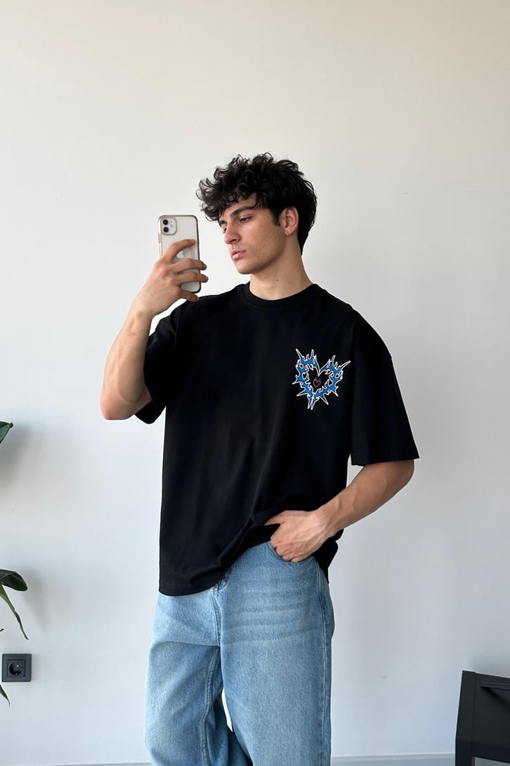 Heart Baskılı Siyah Oversize Tişört