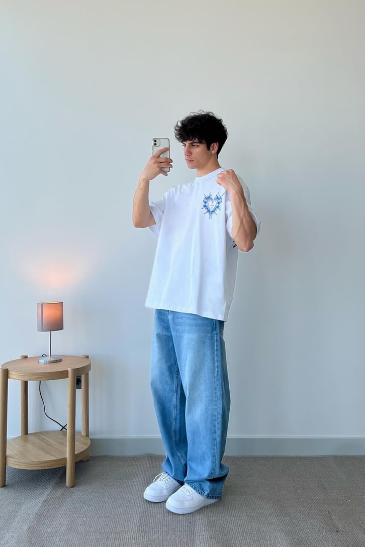 Heart Baskılı Siyah Oversize Tişört