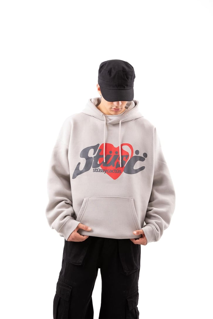 Heart Baskılı Taş Rengi Oversize Hoodie