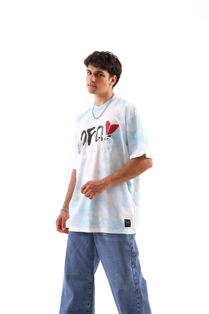 Heart Break Batik Desen Mavi Oversize Tshirt
