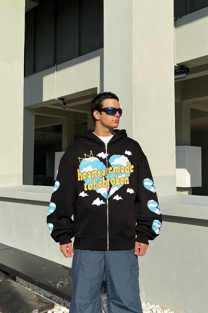 Heart Cloud Baskılı Siyah Zipper Hoodie
