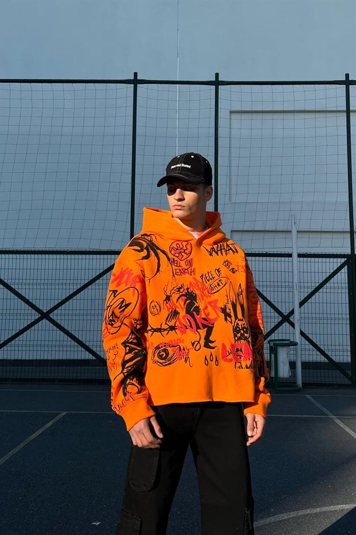 Hell on Earth Printed Turuncu Crop Hoodie