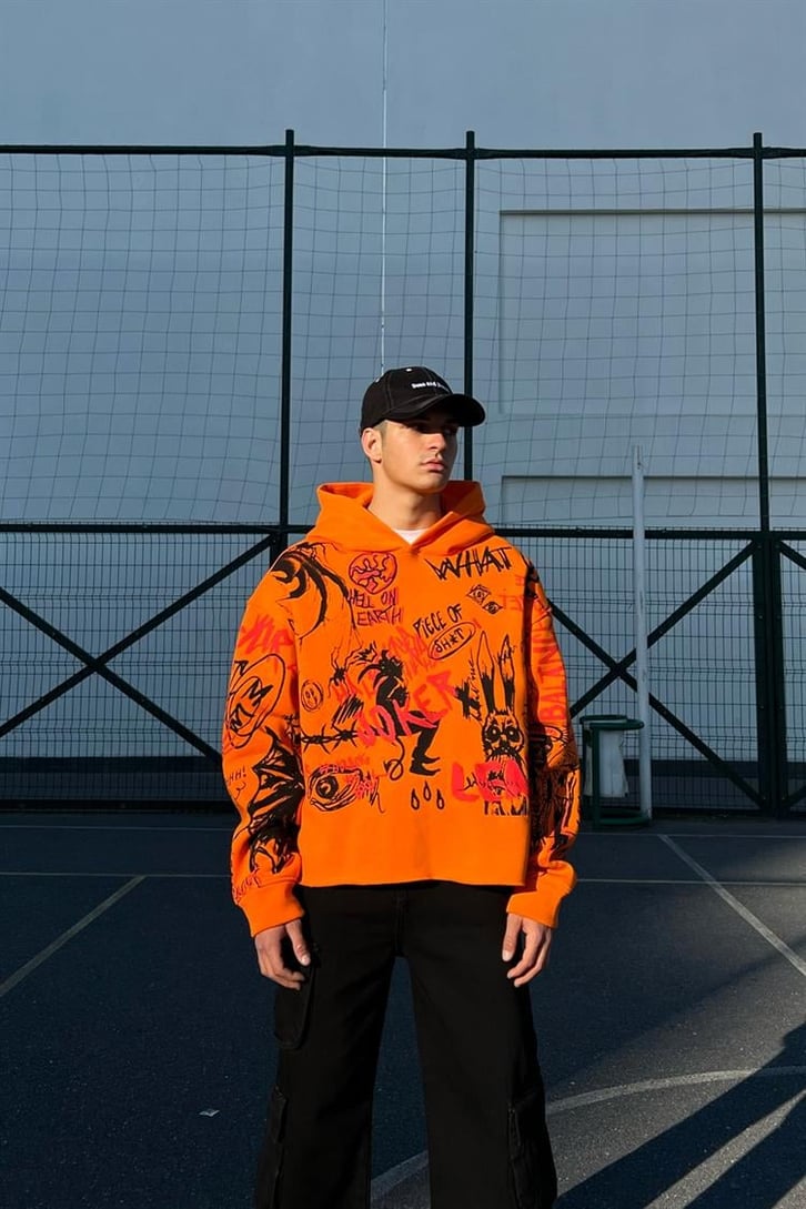 Hell on Earth Printed Turuncu Crop Hoodie