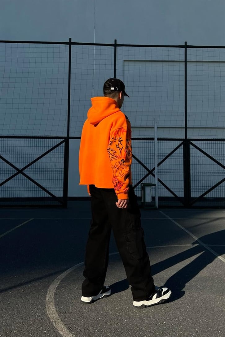 Hell on Earth Printed Turuncu Crop Hoodie