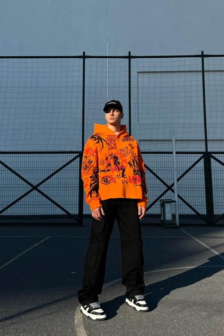 Hell on Earth Printed Turuncu Crop Hoodie