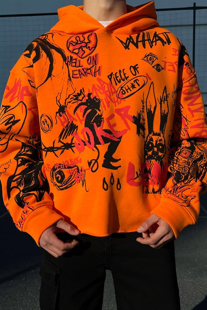 Hell on Earth Printed Turuncu Crop Hoodie