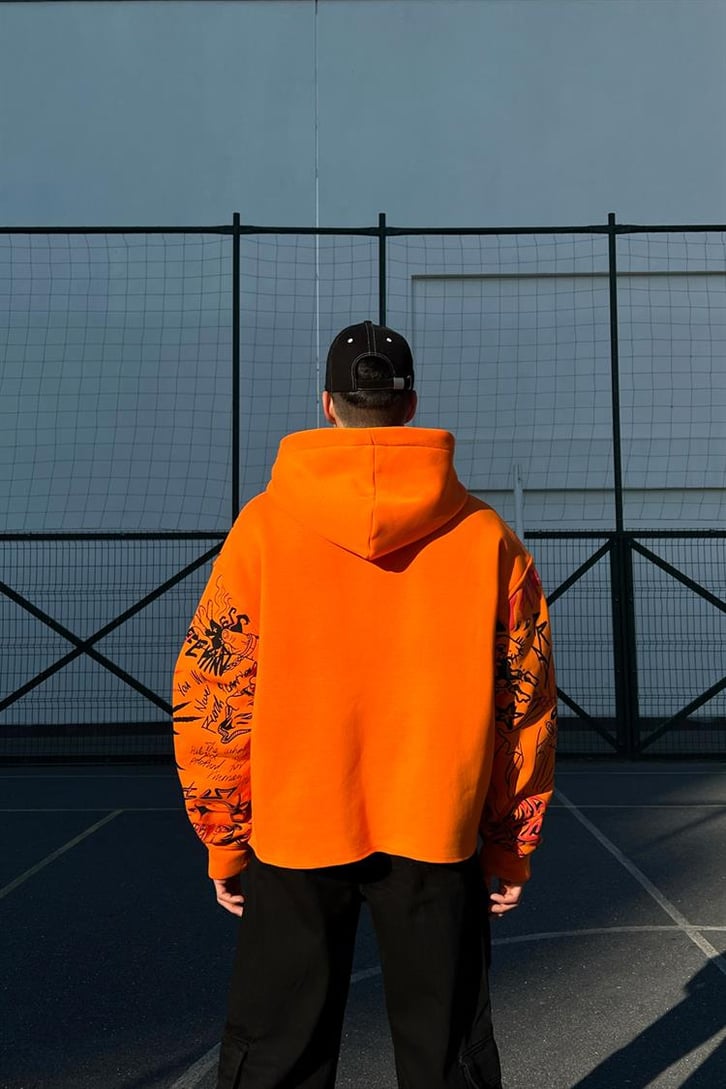 Hell on Earth Printed Turuncu Crop Hoodie