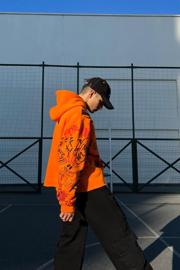 Hell on Earth Printed Turuncu Crop Hoodie