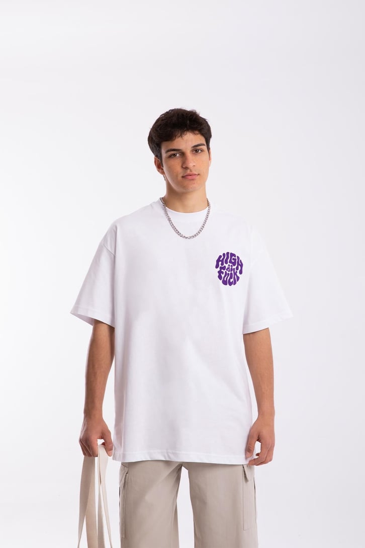 High As Fuck Baskılı Beyaz Oversize Tshirt