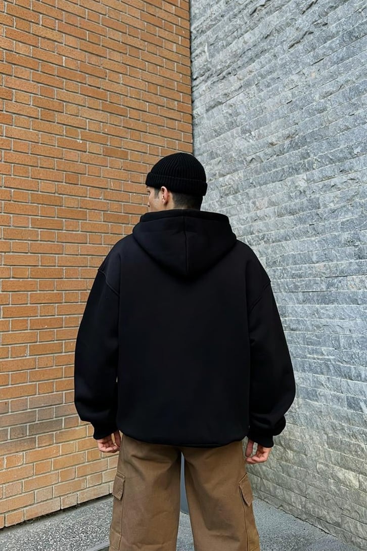 High Nakışlı Siyah Oversize Zipper Hoodie